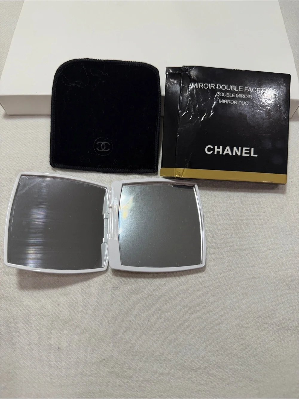 CHANEL White Compact Mirror with Black CC Logo